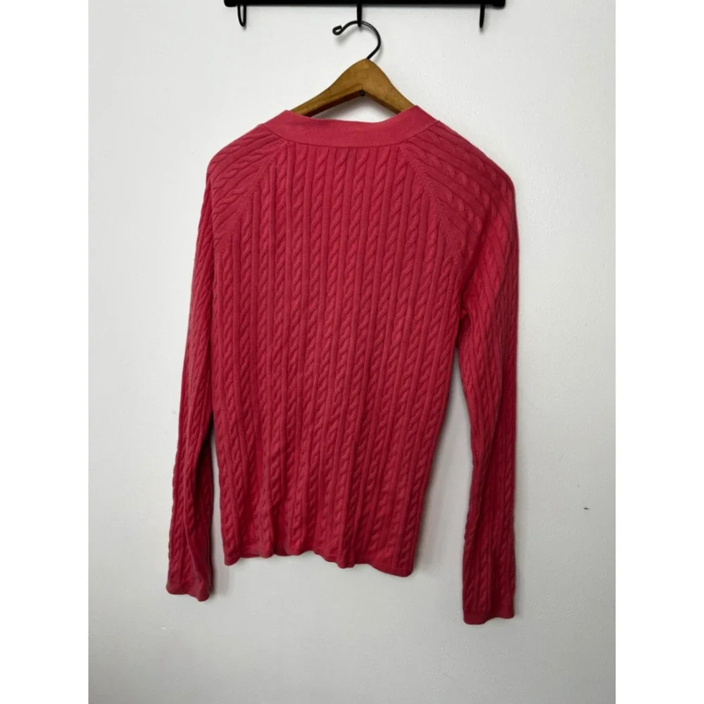 Talbots Womens Coral Pink Cable Knit‎ Cotton V-Neck Button Front Cardigan Size L